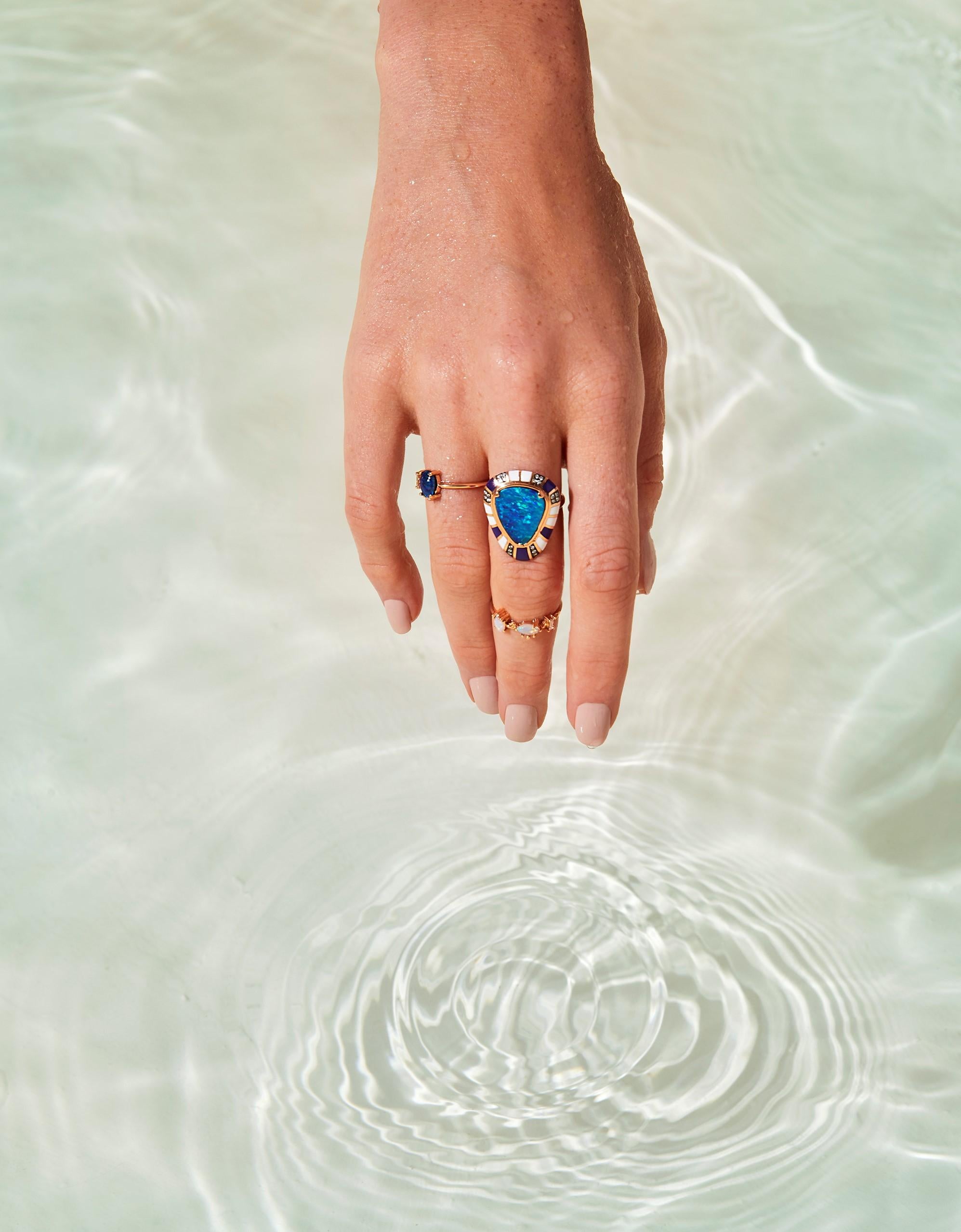 The Treasures of The Sea Collection is inspired by the water element which represents the treasures and natural stones hidden in the depths of the sea.
Cacia ring in 14k Rose gold in white and baguette diamond by Selda Jewellery

Additional