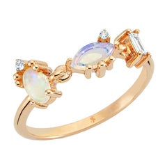 cia Ring aus 14k Roségold mit weißem Opal, weißem und weißem Baguette-Diamant