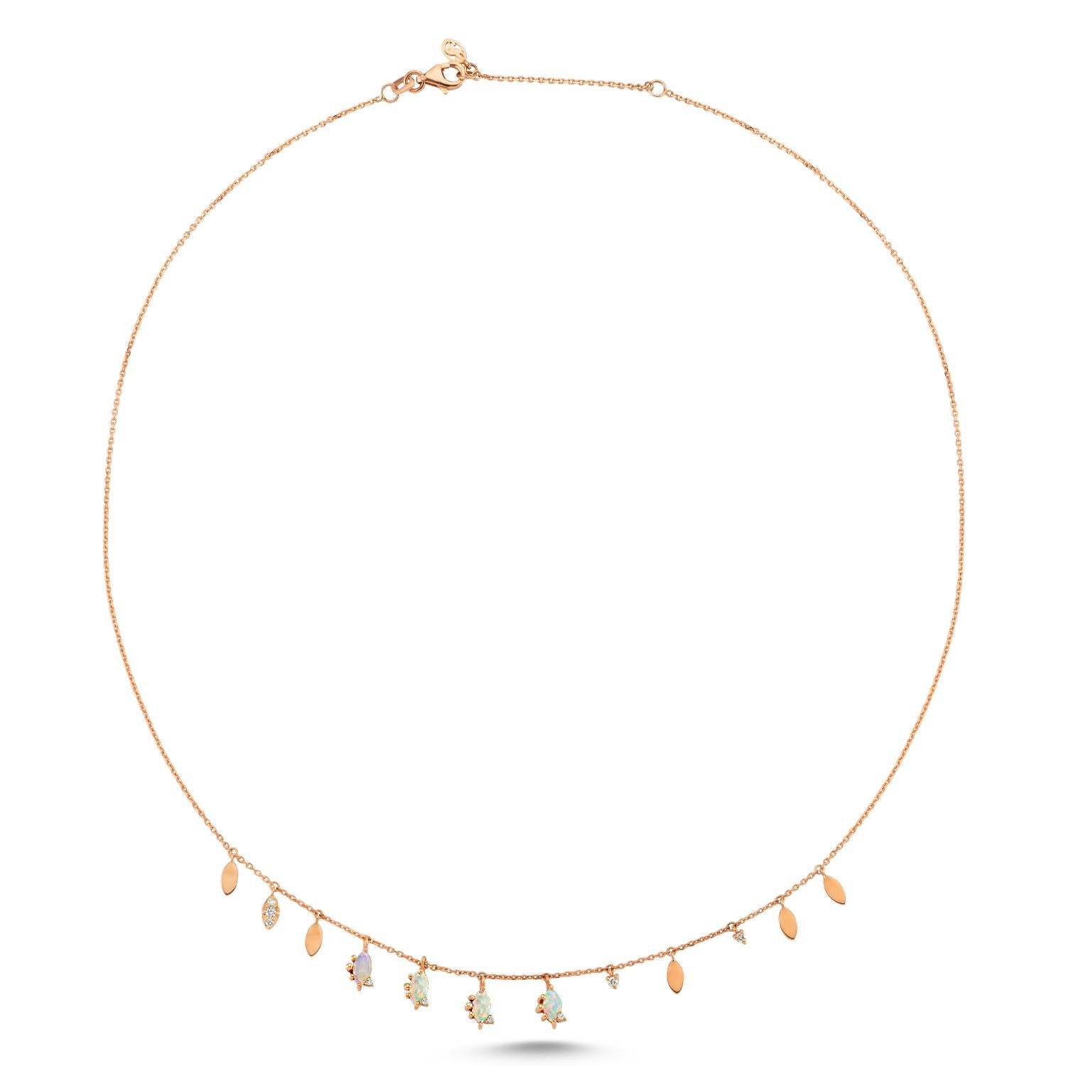 Cacia seed necklace- marquise cut white opal in 14k rose gold by Selda Jewellery

Additional Information:-
Collection: Treasures of the sea collection
14K Rose gold
0.09ct White diamond
0.44ct Marquise cut opal
Chain length 40+3cm