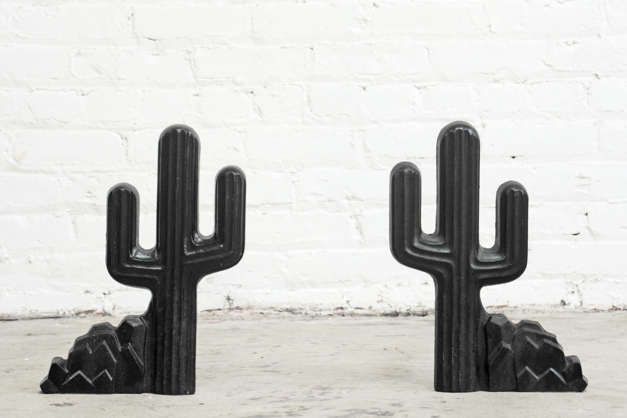 Pair of 1970's cast iron Saguaro Cacti / Cactus Andirons. These make the perfect addition to any desert fireplace or as decor in the home of cacti collectors.