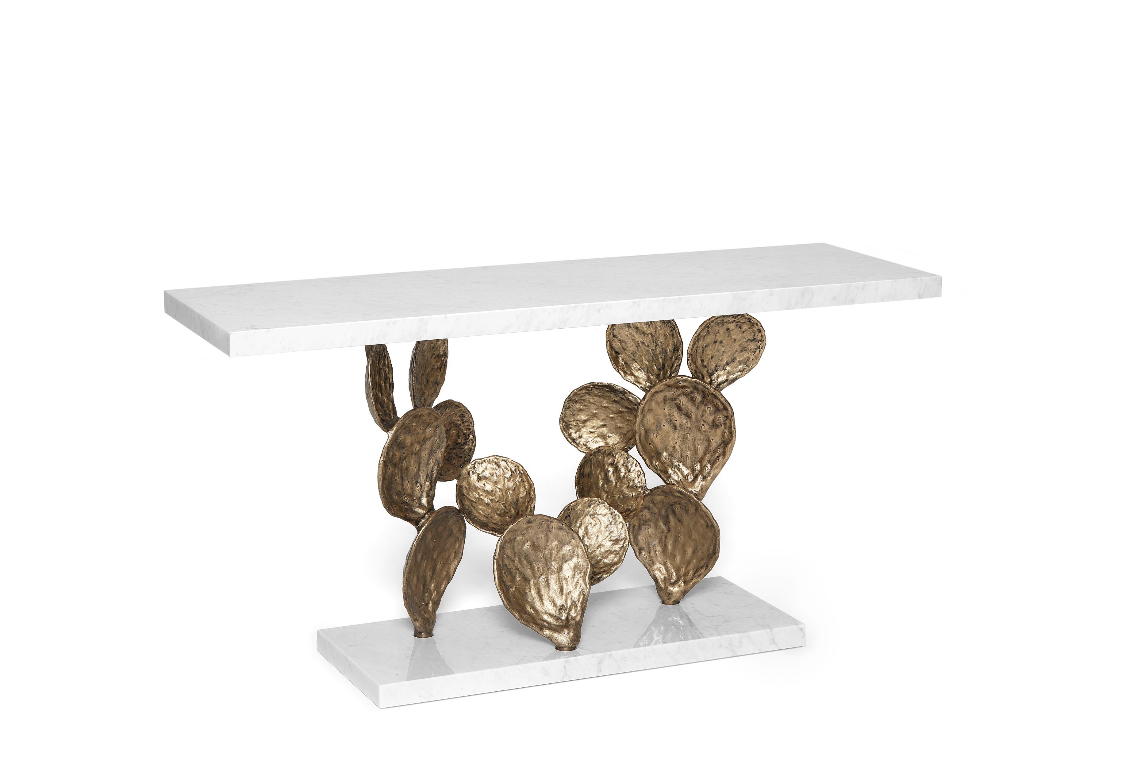 Cactus 160 Console by Ginger & Jagger
Dimensions: D 50 x W 160 x H 83 cm. 
Materials: Carrara marble and brass.
Finish: Top and base in Carrara marble in polished finishing; structure in cast brass in Antique Brass finishing.

This product is