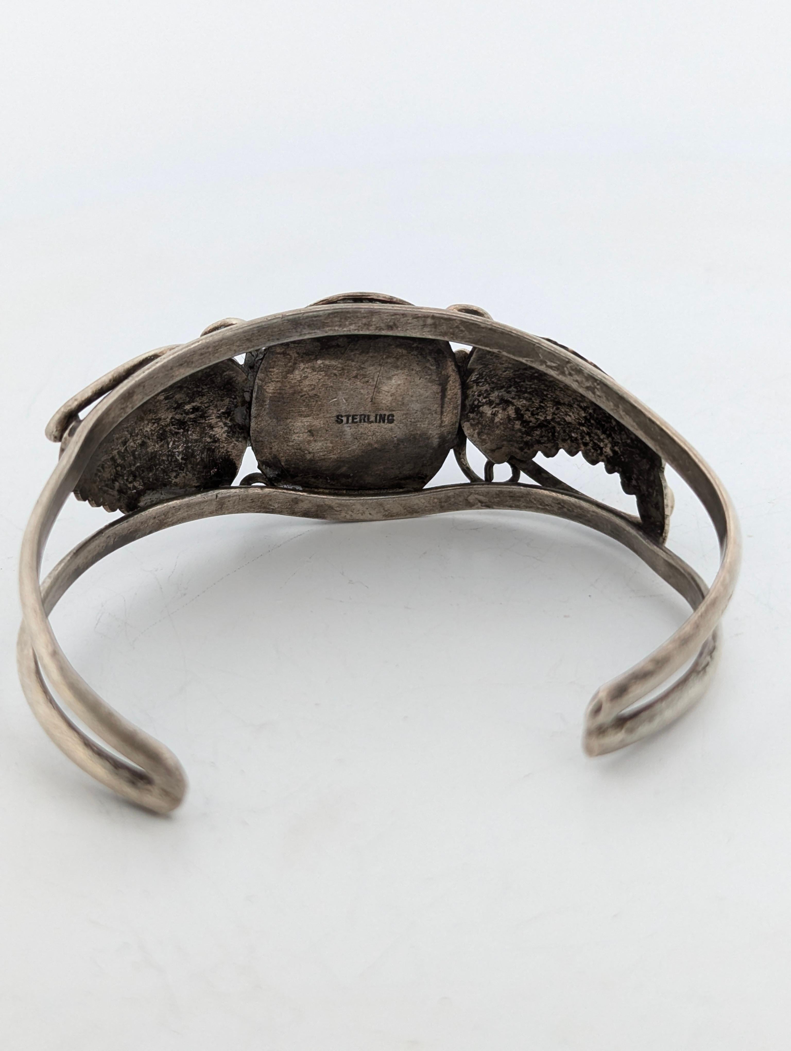 Native American Cactus Bloom Vintage Sterling Silver and Turquoise Cuff Bracelet