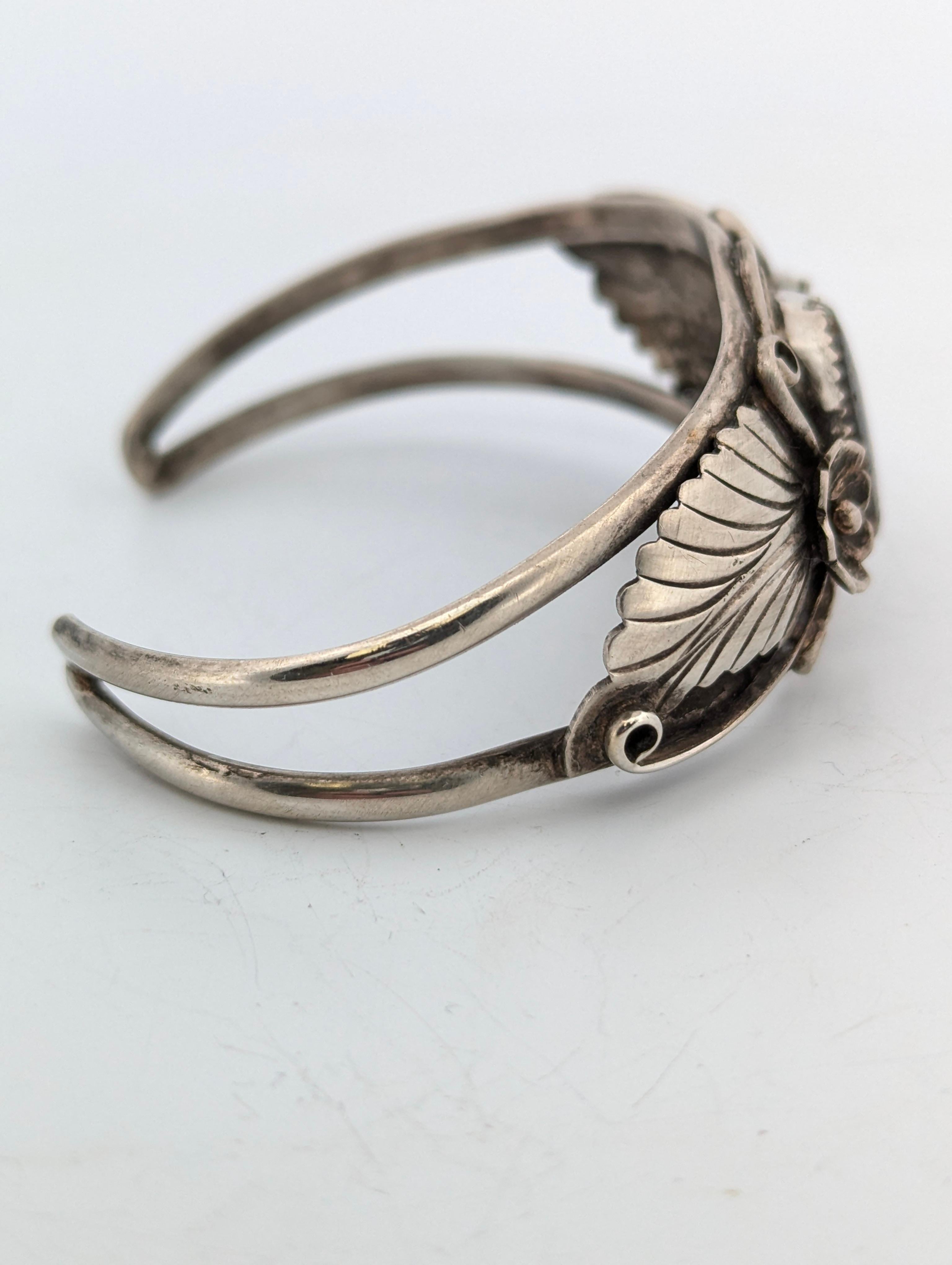 Cactus Bloom Vintage Sterling Silver and Turquoise Cuff Bracelet In Excellent Condition In Greeneville, TN
