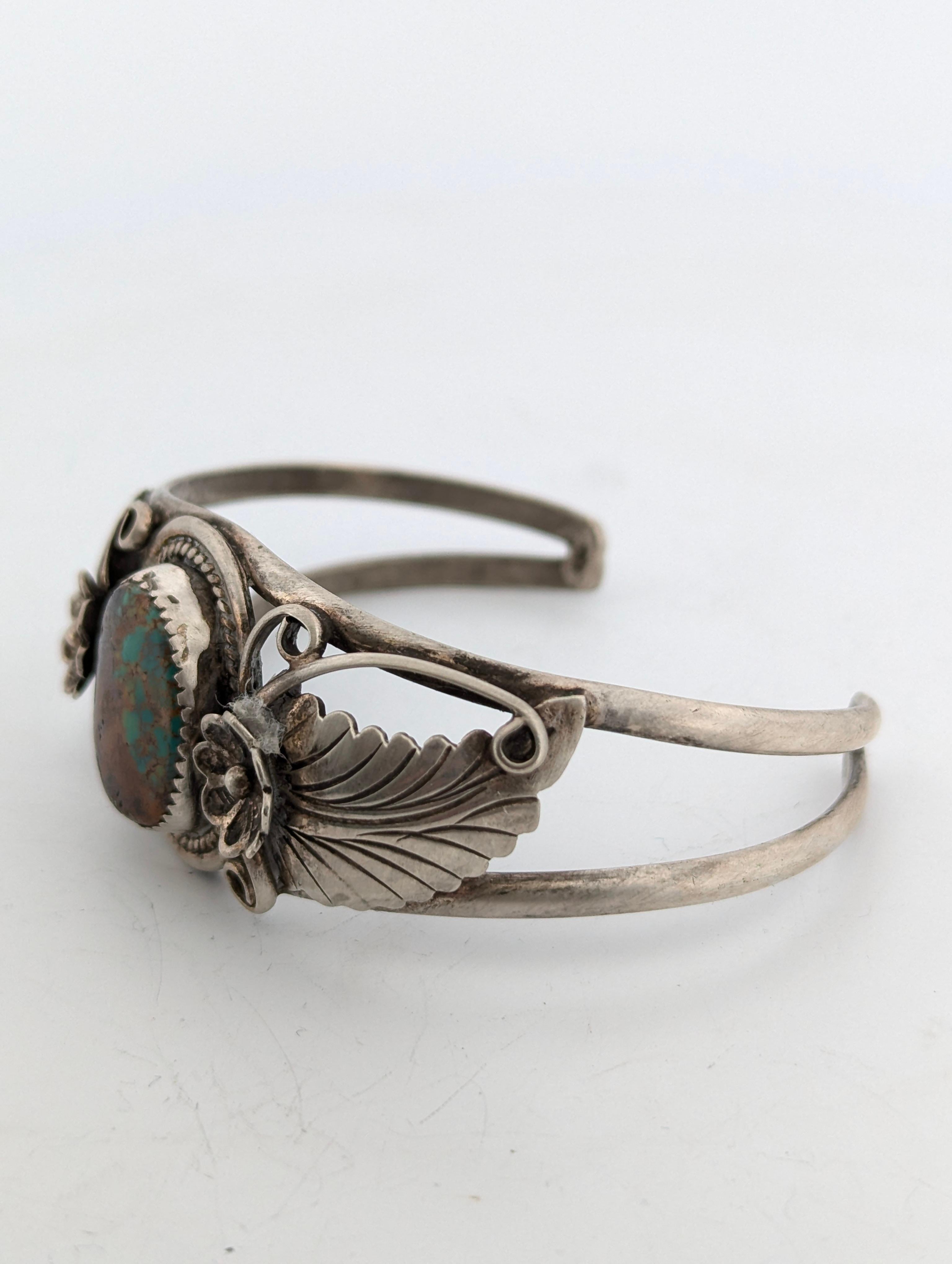 Women's Cactus Bloom Vintage Sterling Silver and Turquoise Cuff Bracelet