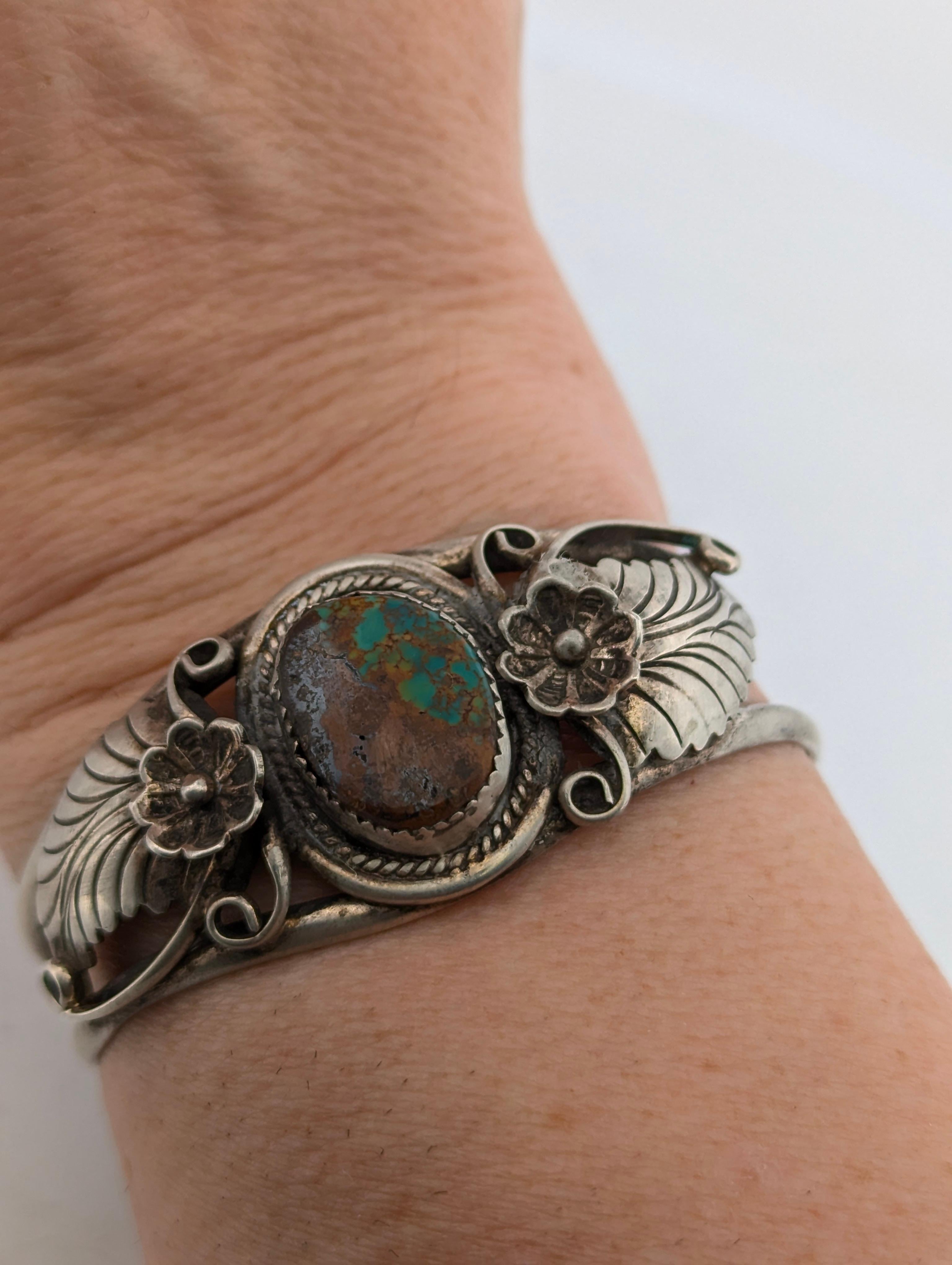 Cactus Bloom Vintage Sterling Silver and Turquoise Cuff Bracelet 1