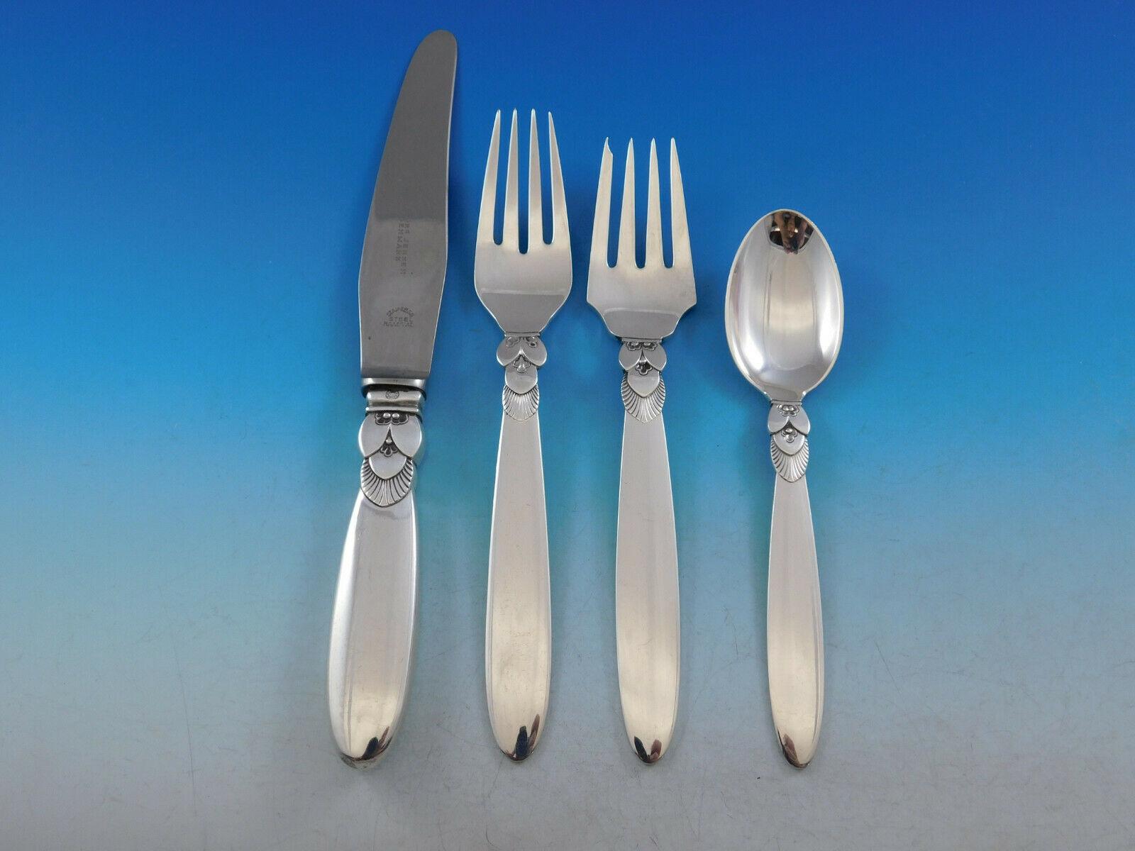 Cactus by Georg Jensen Danish Sterling Silver Flatware Set 8 Service 60 Pieces In Excellent Condition In Big Bend, WI