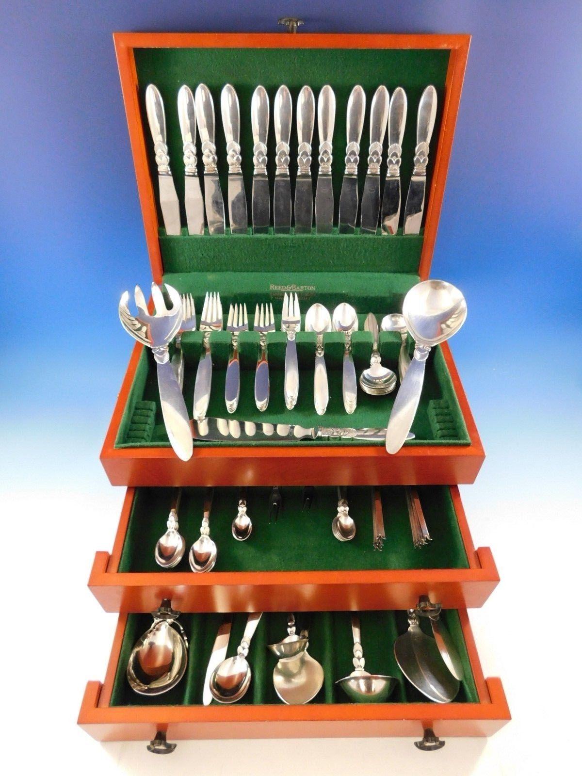 Cactus by Georg Jensen Danish sterling silver flatware set, 122 pieces. This set includes:

12 dinner knives, short handle, 8