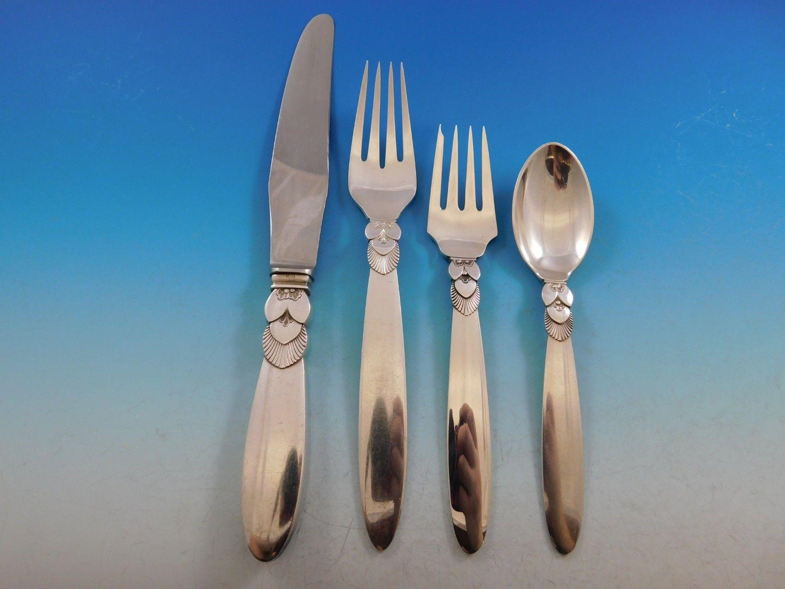 Cactus by Georg Jensen Danish Sterling Silver Flatware Set Dinner Service 122 Pc In Excellent Condition In Big Bend, WI