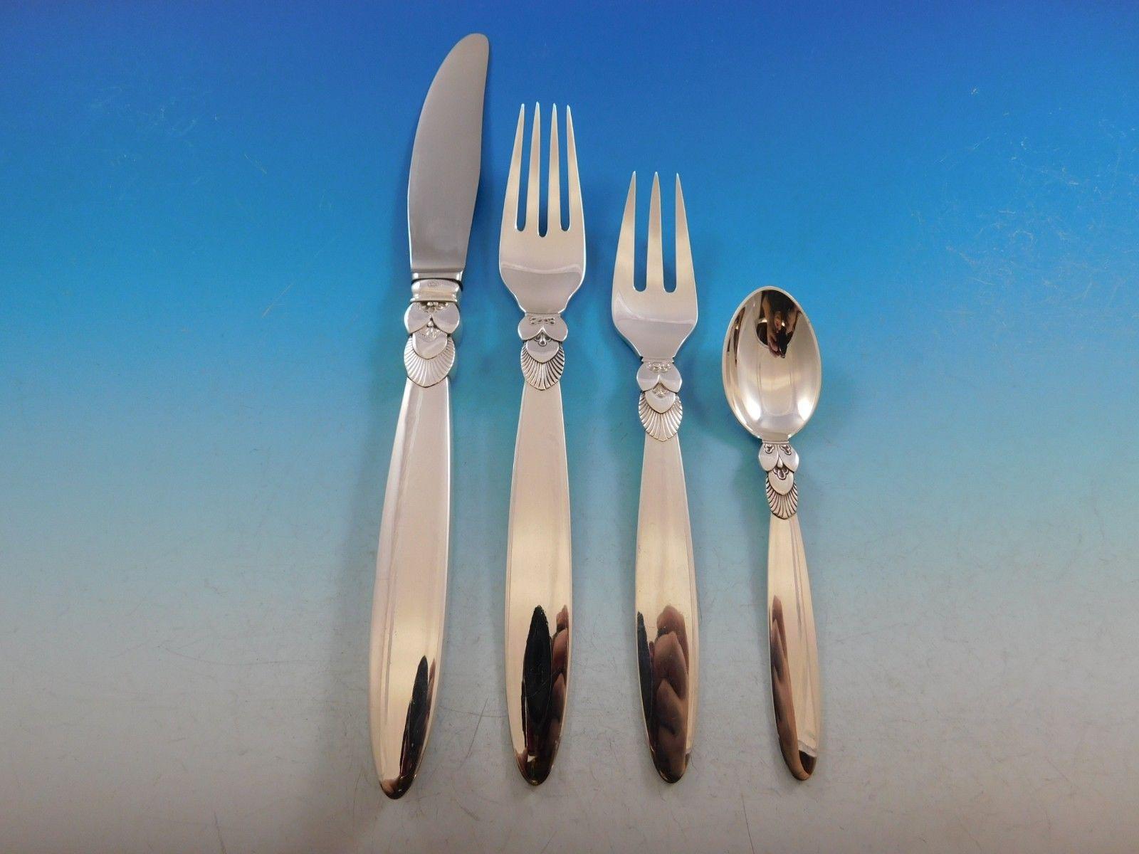 Cactus by Georg Jensen Danish Sterling Silver Flatware Set Dinner Service 57 Pcs In Excellent Condition In Big Bend, WI