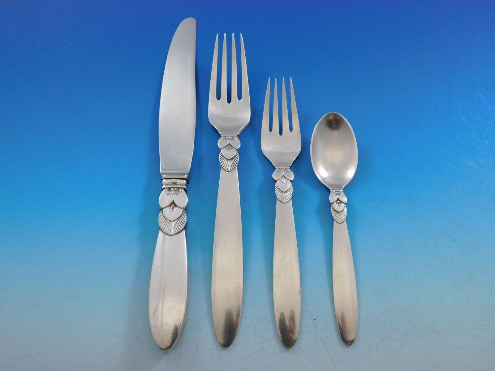 Cactus by Georg Jensen Danish Sterling Silver Flatware Set for 12 Service 132 Pc In Excellent Condition In Big Bend, WI