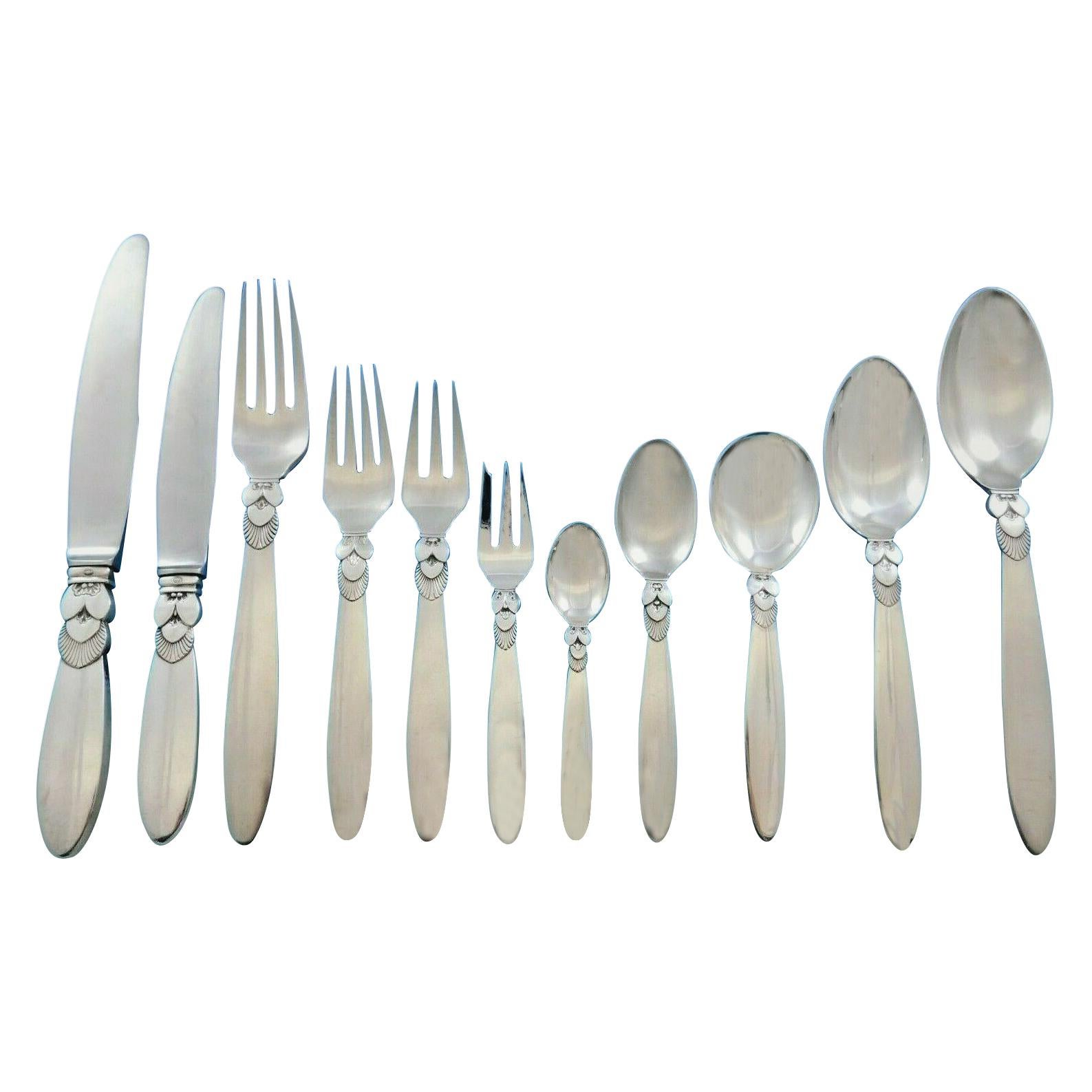 Cactus by Georg Jensen Danish Sterling Silver Flatware Set for 12 Service 132 Pc