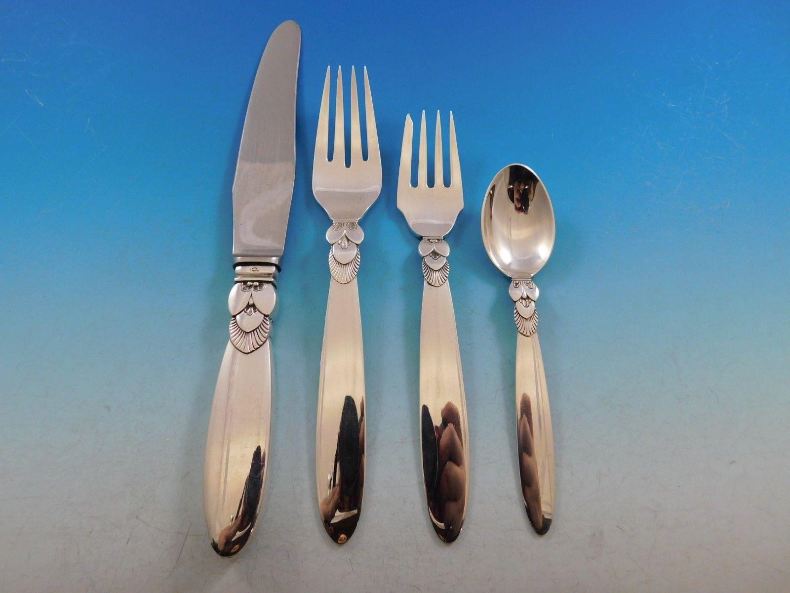 Cactus by Georg Jensen Danish Sterling Silver Flatware Set for 6 Service 52 Pcs In Excellent Condition In Big Bend, WI