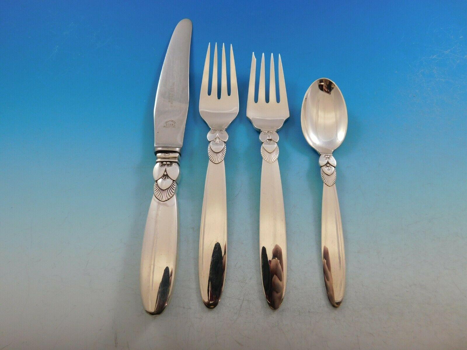 Cactus by Georg Jensen Danish Sterling Silver Flatware Set Service 68 Pieces In Excellent Condition In Big Bend, WI
