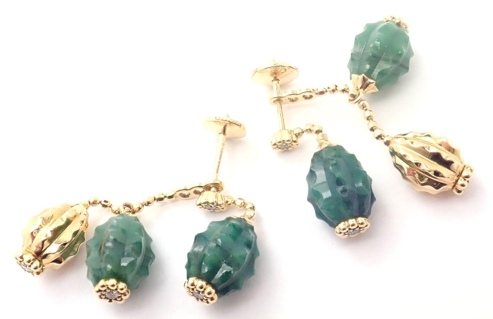 Cactus de Cartier Diamond Aventurine Yellow Gold Drop Earrings In Excellent Condition For Sale In Holland, PA