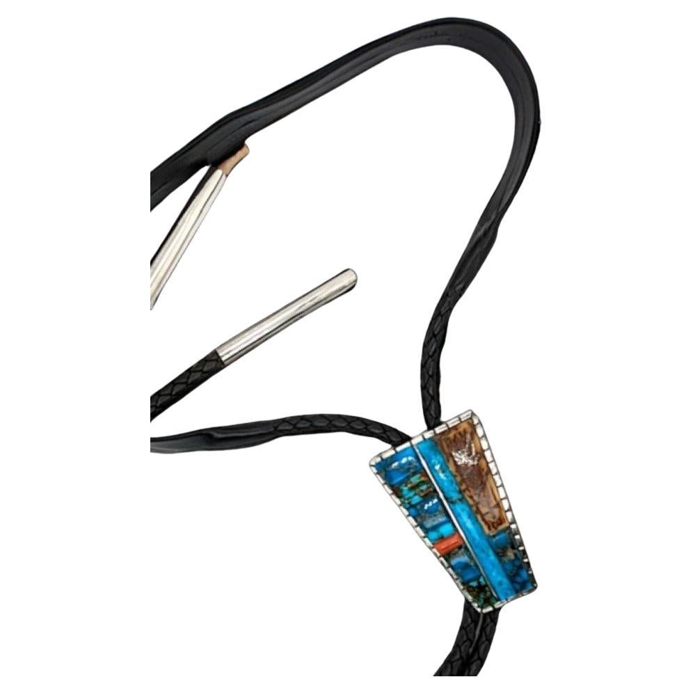 Artisan Cactus Flats: Rob Sherman Handcrafted Bolo Tie with Kingman Turquoise, Coral For Sale