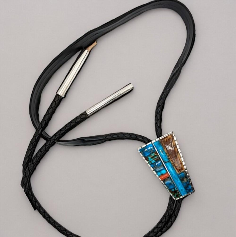 Women's Cactus Flats: Rob Sherman Handcrafted Bolo Tie with Kingman Turquoise, Coral For Sale