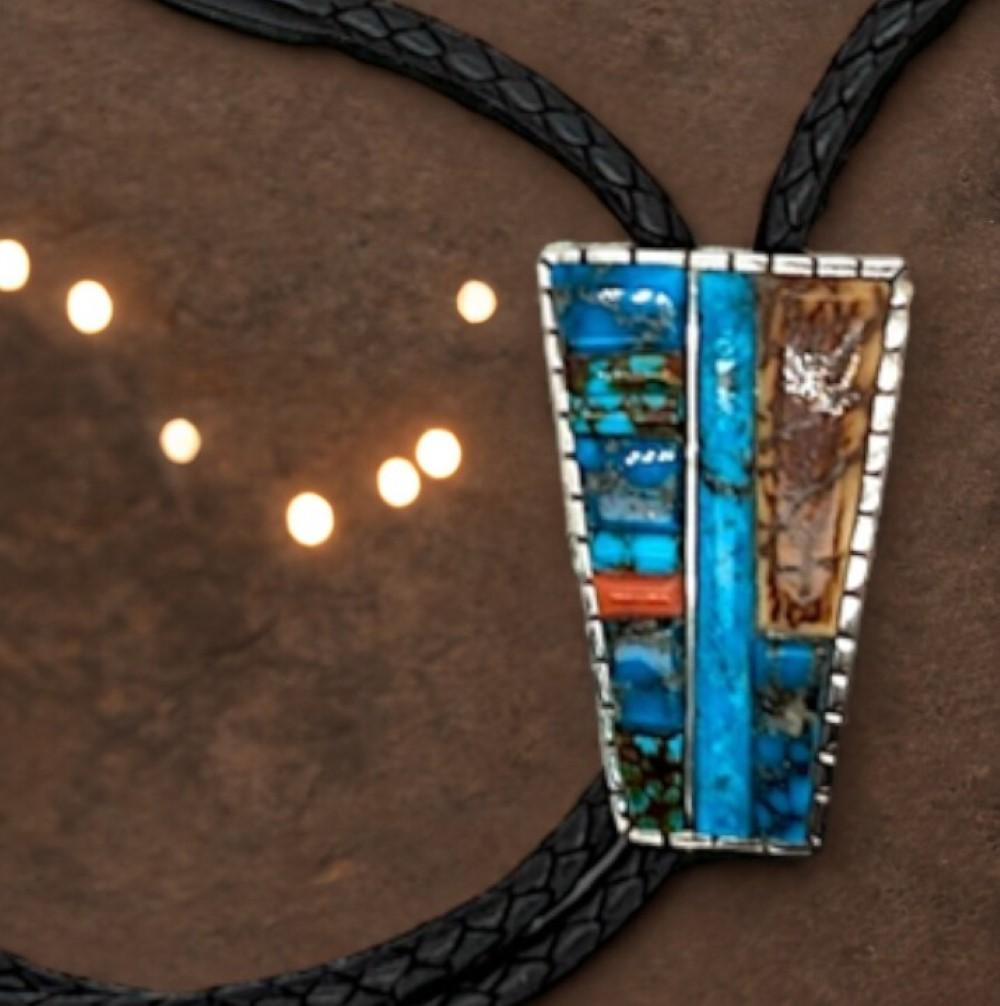Cactus Flats: Rob Sherman Handcrafted Bolo Tie with Kingman Turquoise, Coral For Sale 1