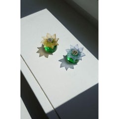Cactus Flower Sculpture in Light Amber on Green Moss Glass