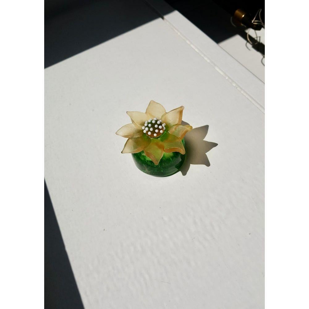 European Cactus Flower Sculpture in Light Amber on Green Moss Glass For Sale