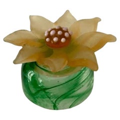 Cactus Flower Sculpture in Light Amber on Green Moss Glass