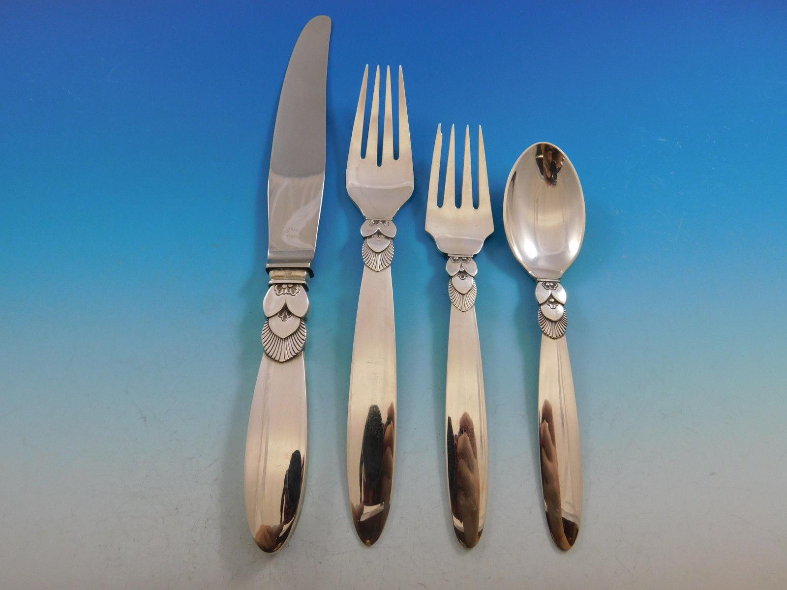 Cactus Georg Jensen Sterling Silver Flatware Set for 8 Service 53 pcs Dinner In Excellent Condition In Big Bend, WI