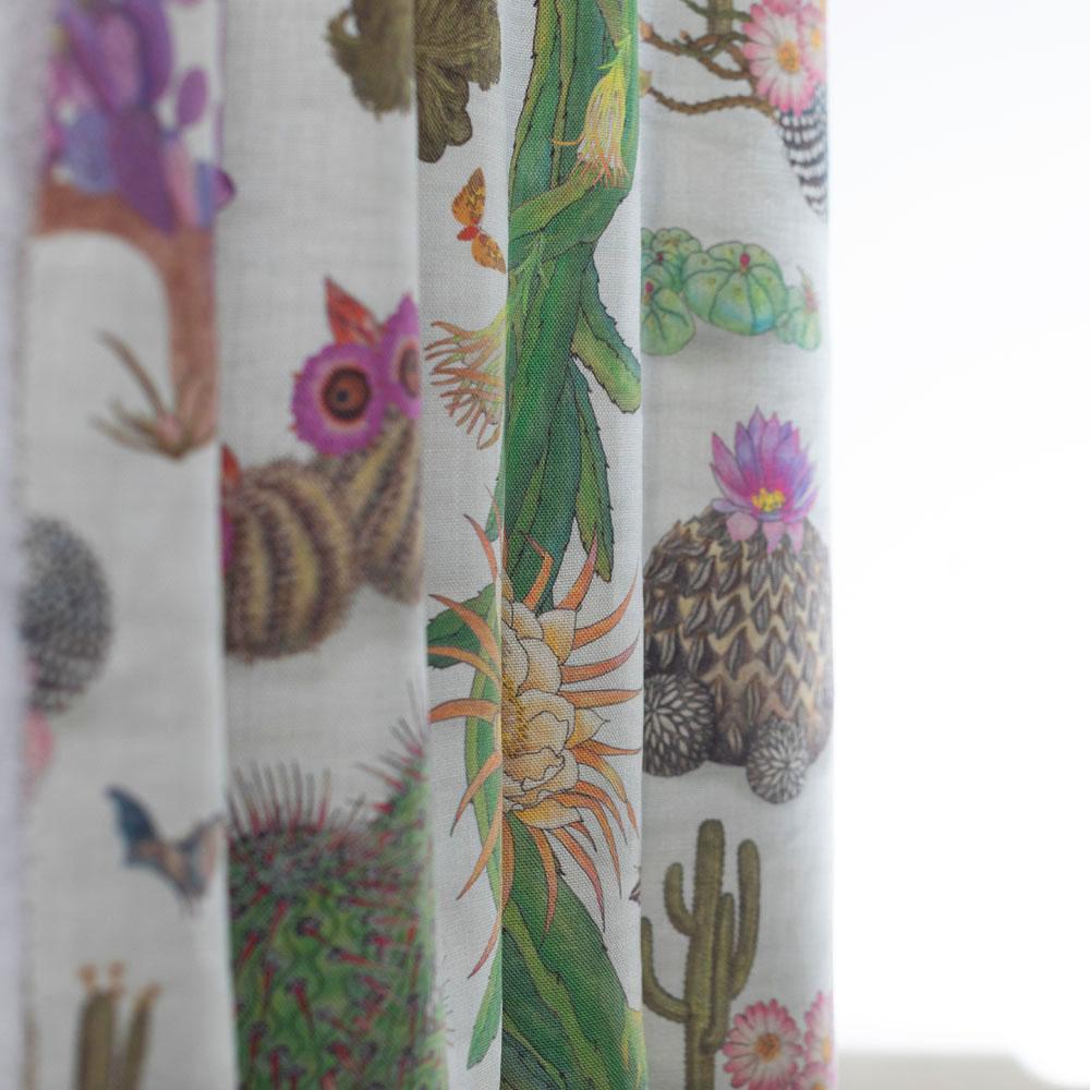 Name: Cactus Mexicanos
Colourways: Dove
Fabric type: Pure linen, from flax grown in France, woven and printed in the UK
Composition: 100% natural linen

These designs are available in natural pure linen of a medium weight of 250g  or a heavyweight