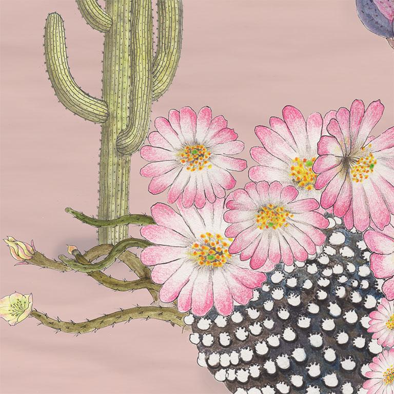 Autre Cactus mexicains en papier peint botanique rose en vente