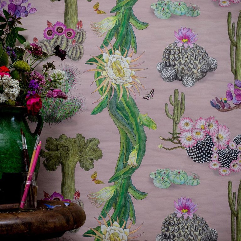 Cactus Mexicanos in Blush Botanical Wallpaper For Sale at 1stDibs