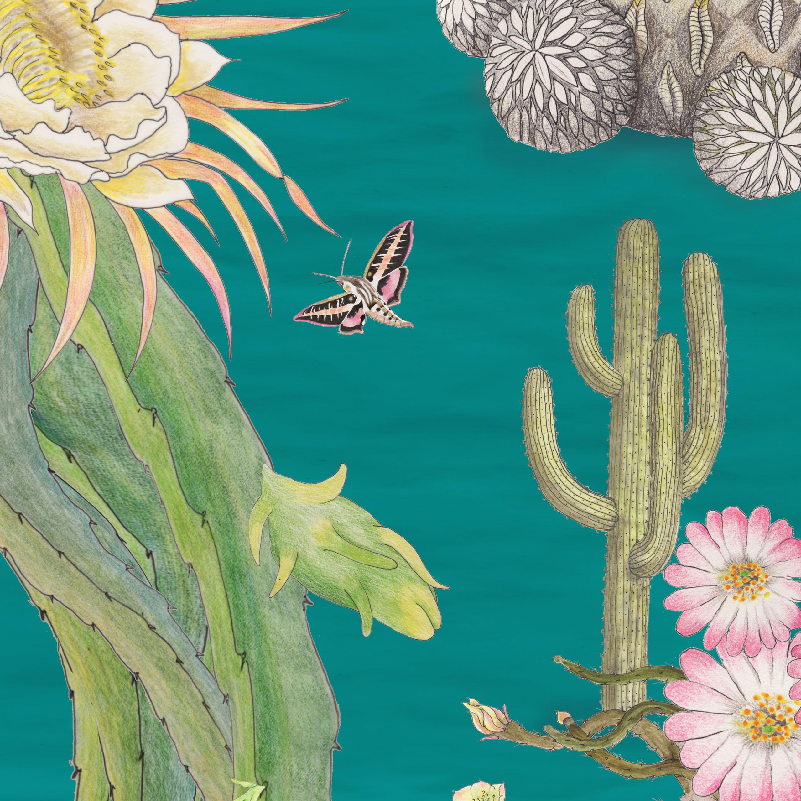 Autre Cactus Mexicains en papier peint botanique turquoise en vente
