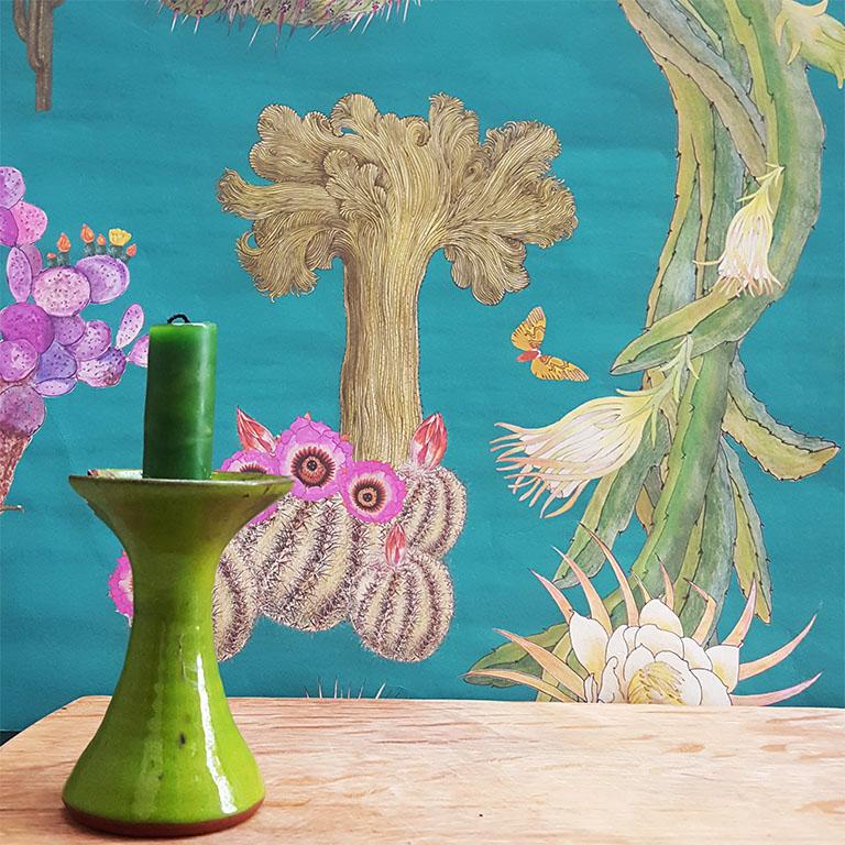 Cactus Mexicains en papier peint botanique turquoise Neuf - En vente à Kent, GB