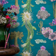 Cactus Mexicanos in Turquoise Botanical Wallpaper