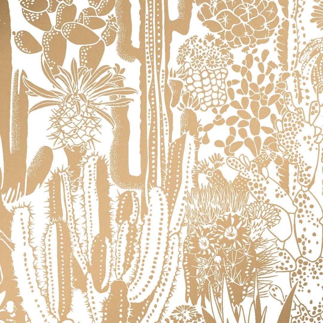 Cactus Spirit Screen Printed Wallpaper in Sphinx 'Metallic Gold on White' For Sale