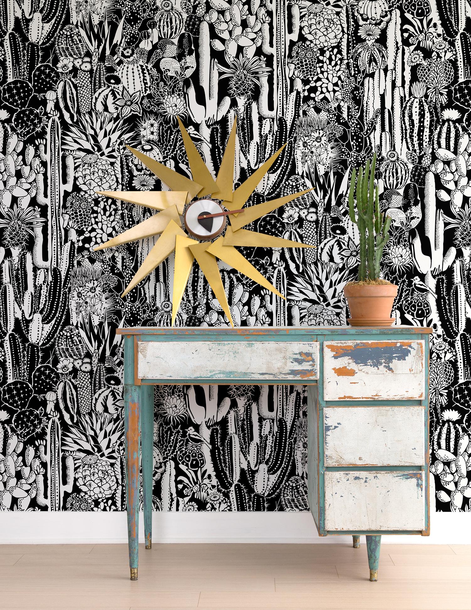 Give your space a taste of the Southwest with this graphic, oversized cactus repeat! This pattern combines saguaros, aloe, agave, peyote, prickly pear, San Pedros and more—the perfect way to bring the desert into your space without getting