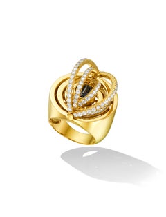 Anello da cocktail, oro giallo 18 carati e diamanti bianchi e neri