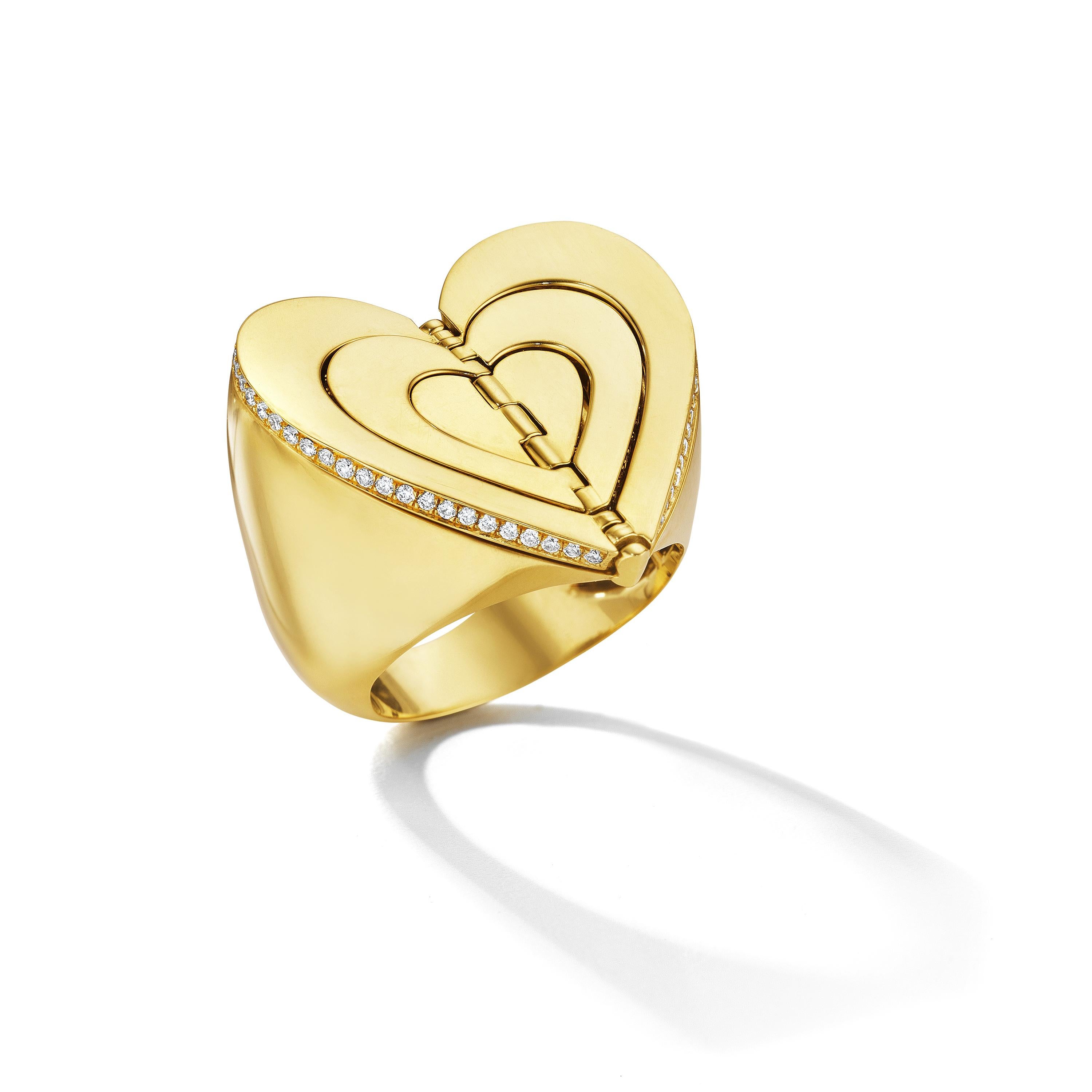 Soulmates in constant flow. A sculptural heart and layered wings make a powerful duet symbolizing the essence of love: vitality in union and the power to soar -- both together and individually. Handcrafted in high polished 18K yellow gold and