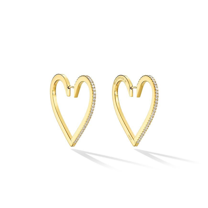 Euphoria of love. These heart-shaped hoops recall the vibrant sensation of fluttering butterflies brought on by new love. Handcrafted in high polished 18K yellow gold and .82cttw G-VVS2 white diamonds, and fastened by a discrete hidden post. Also