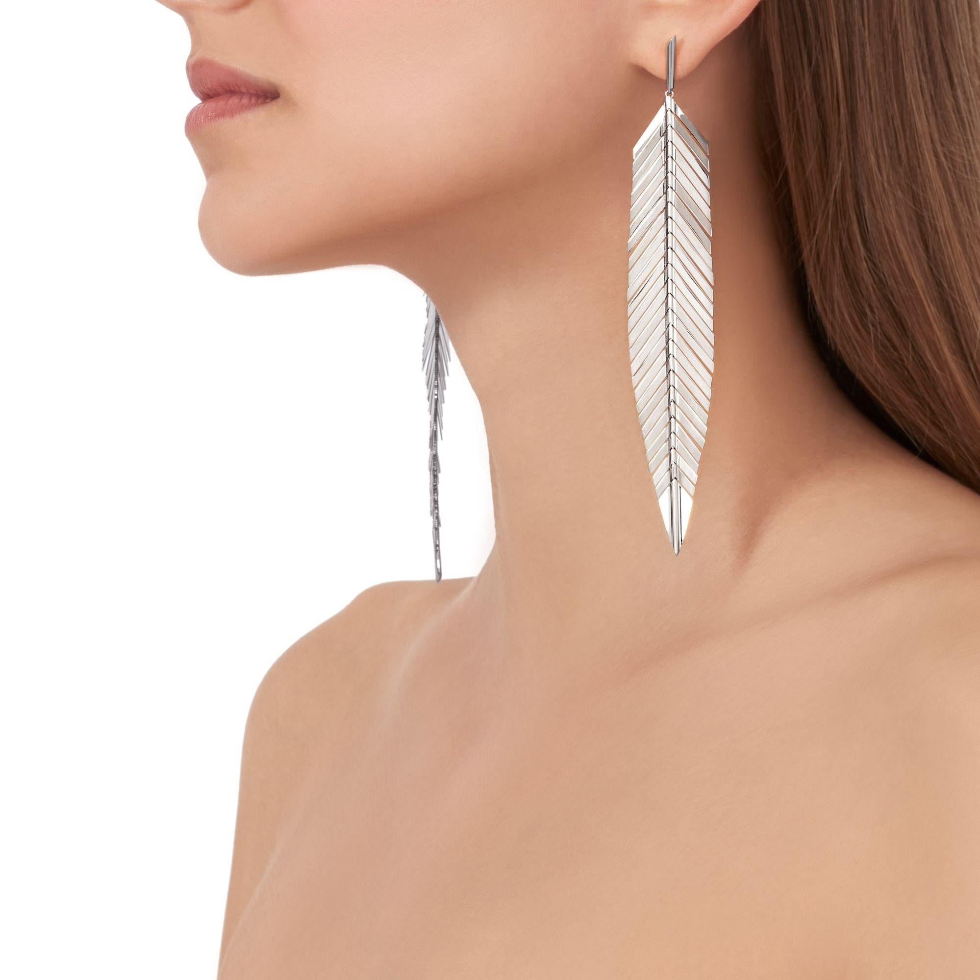 Contemporary Cadar Feather Drop Earrings, 18 Karat White Gold, Large