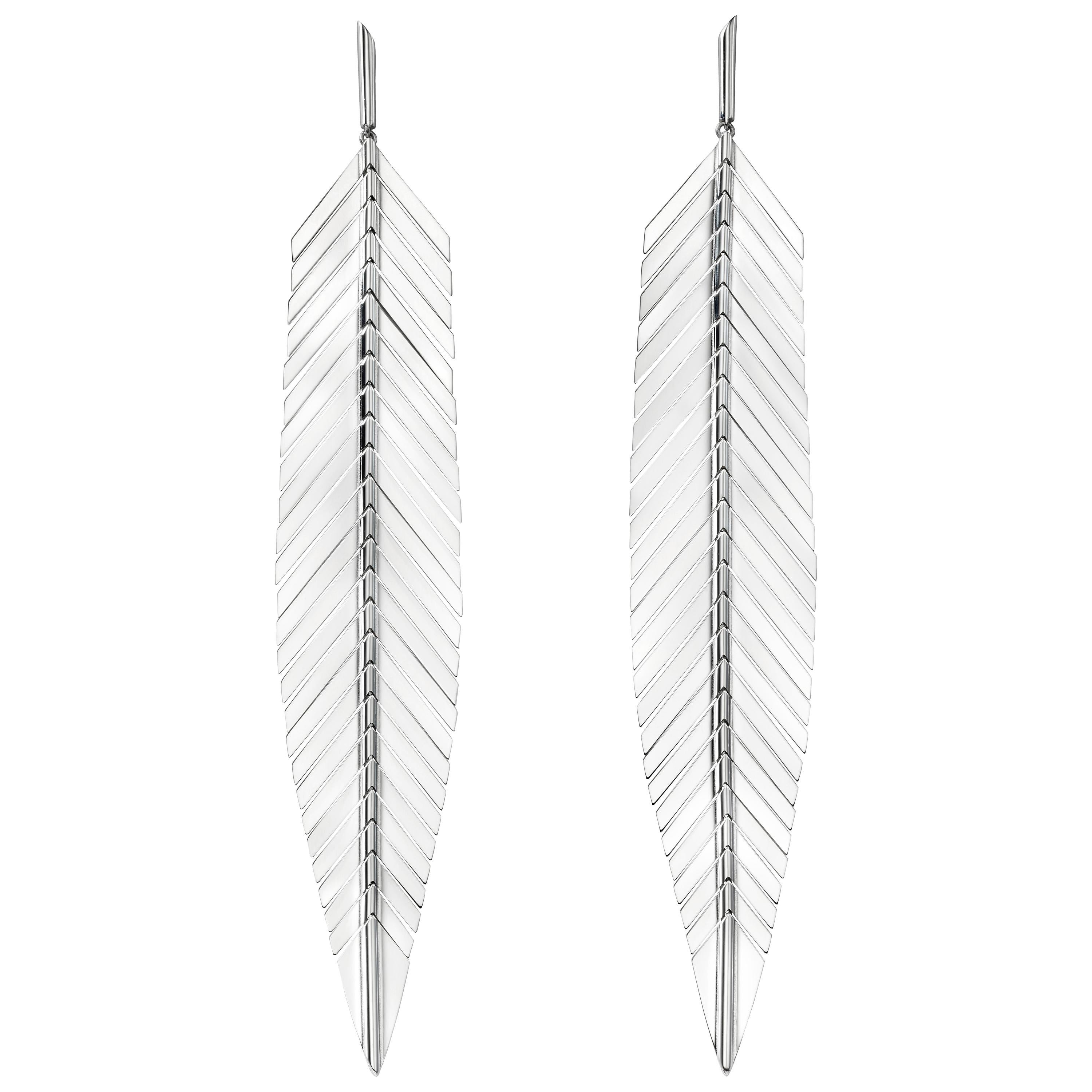 CADAR Feather Drop Earrings, 18 Karat White Gold, Large For Sale