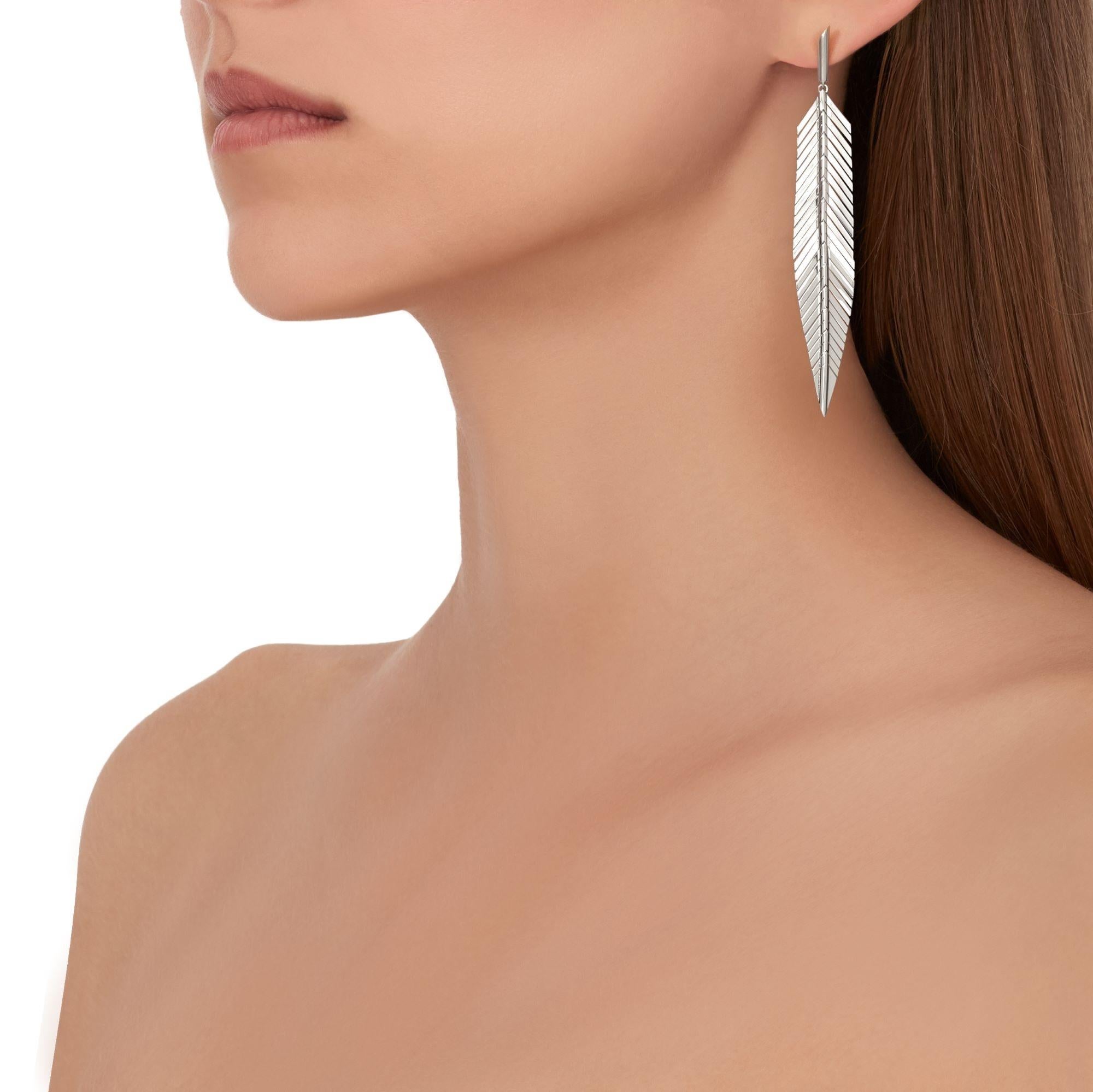 Contemporary Cadar Feather Drop Earrings, 18 Karat White Gold, Medium