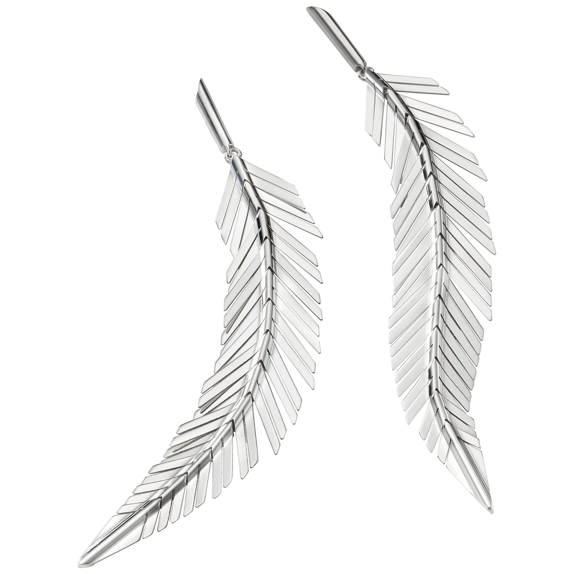 CADAR Feather Drop Earrings, 18 Karat White Gold, Medium