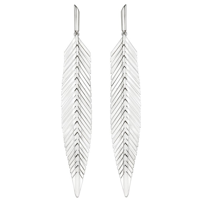 Cadar Feather Drop Earrings, 18 Karat White Gold, Medium at 1stDibs