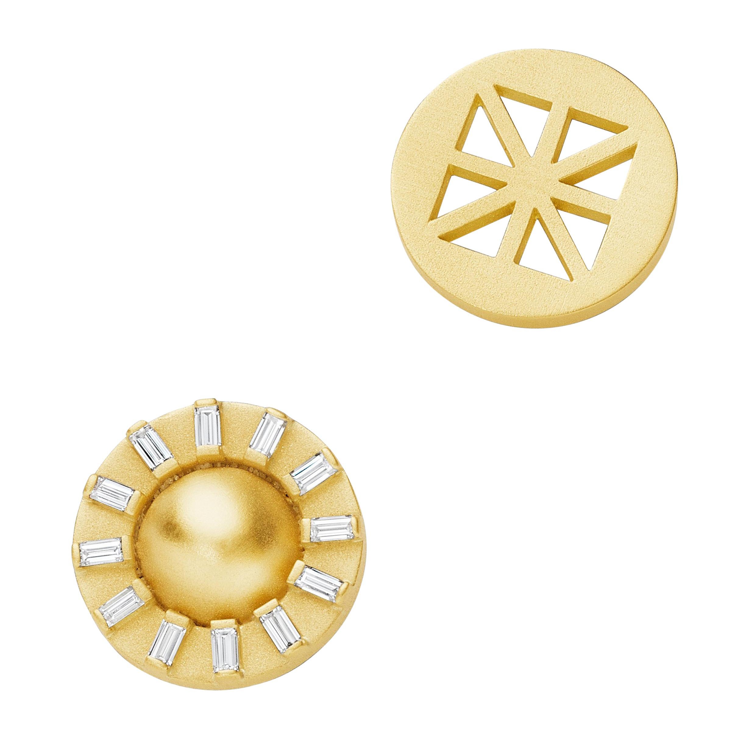 Radiant aura of the sun. Twelve points of diamond light are set in perfect symmetry around a golden half sphere. A subtle yet statement-making accessory and the perfect holiday gift. Handcrafted in 18K matte finished yellow gold and .69cttw GVVS-2