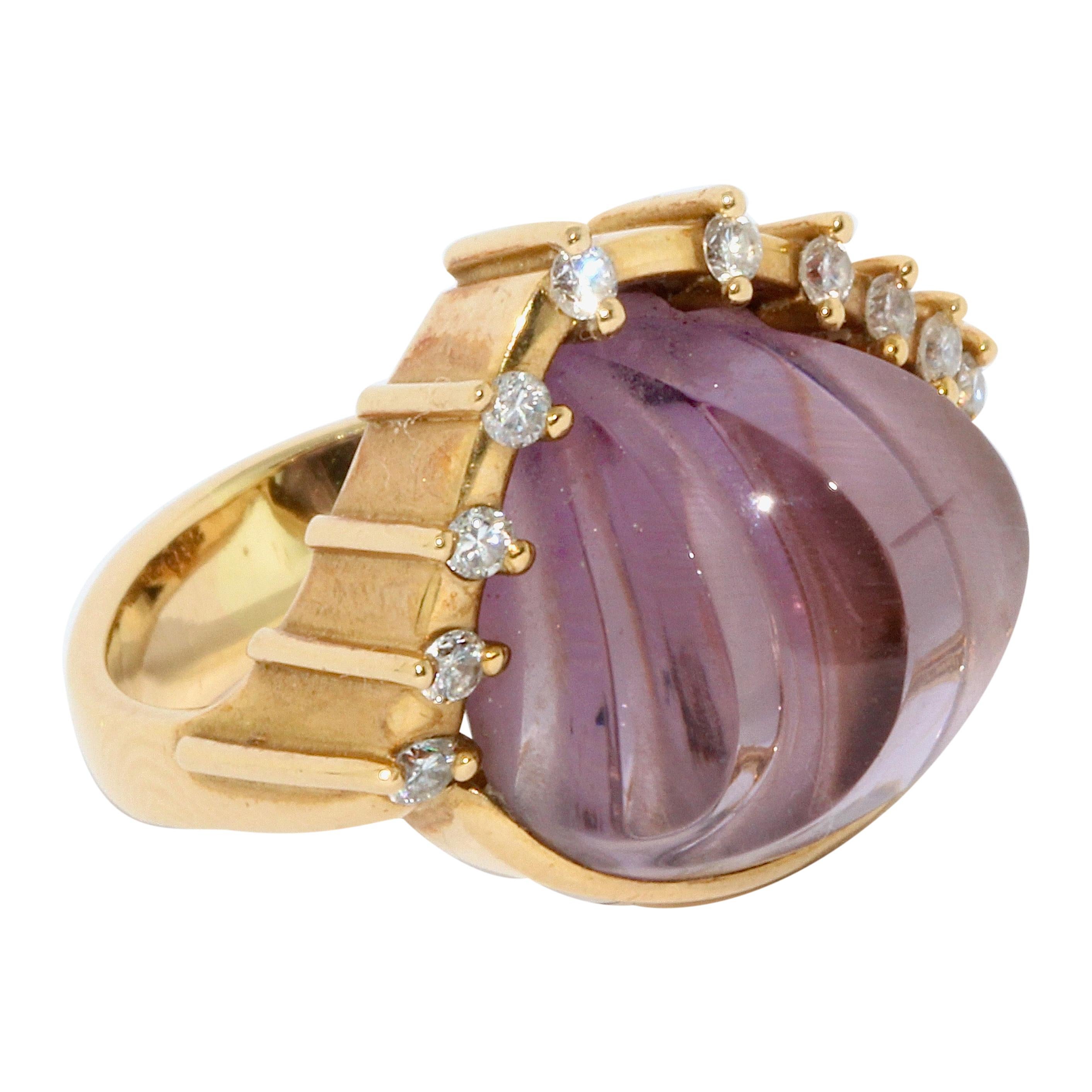 Cadeaux Jewelry, 18 Karat Gold Ring Set with Large Amethyst and Diamonds For Sale
