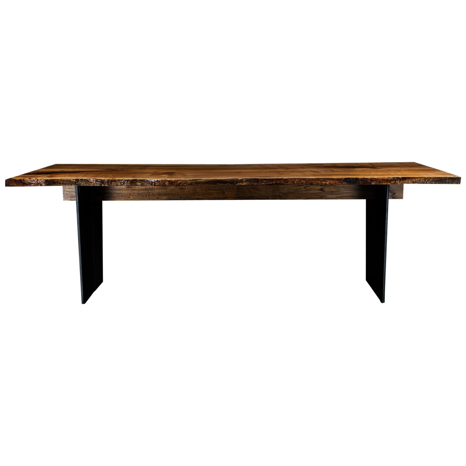 Cadelon Dining Table, by Ambrozia, Silver Maple Slab, Hand-Blackened Steel Base