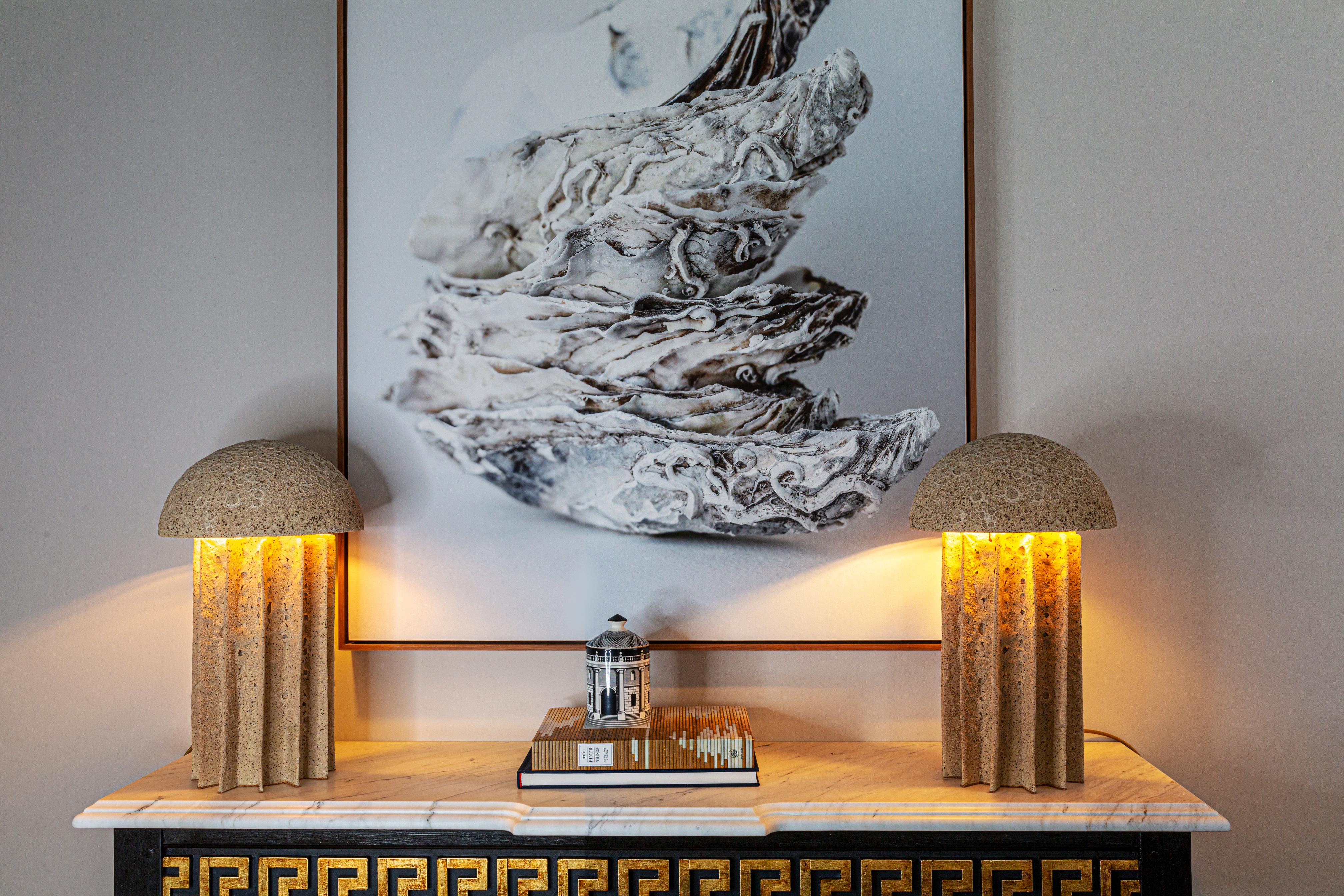 Contemporary CADEN Table Ceramic Dome Lamp, Highly Textured Light Lava Glaze by Kalin Asenov For Sale