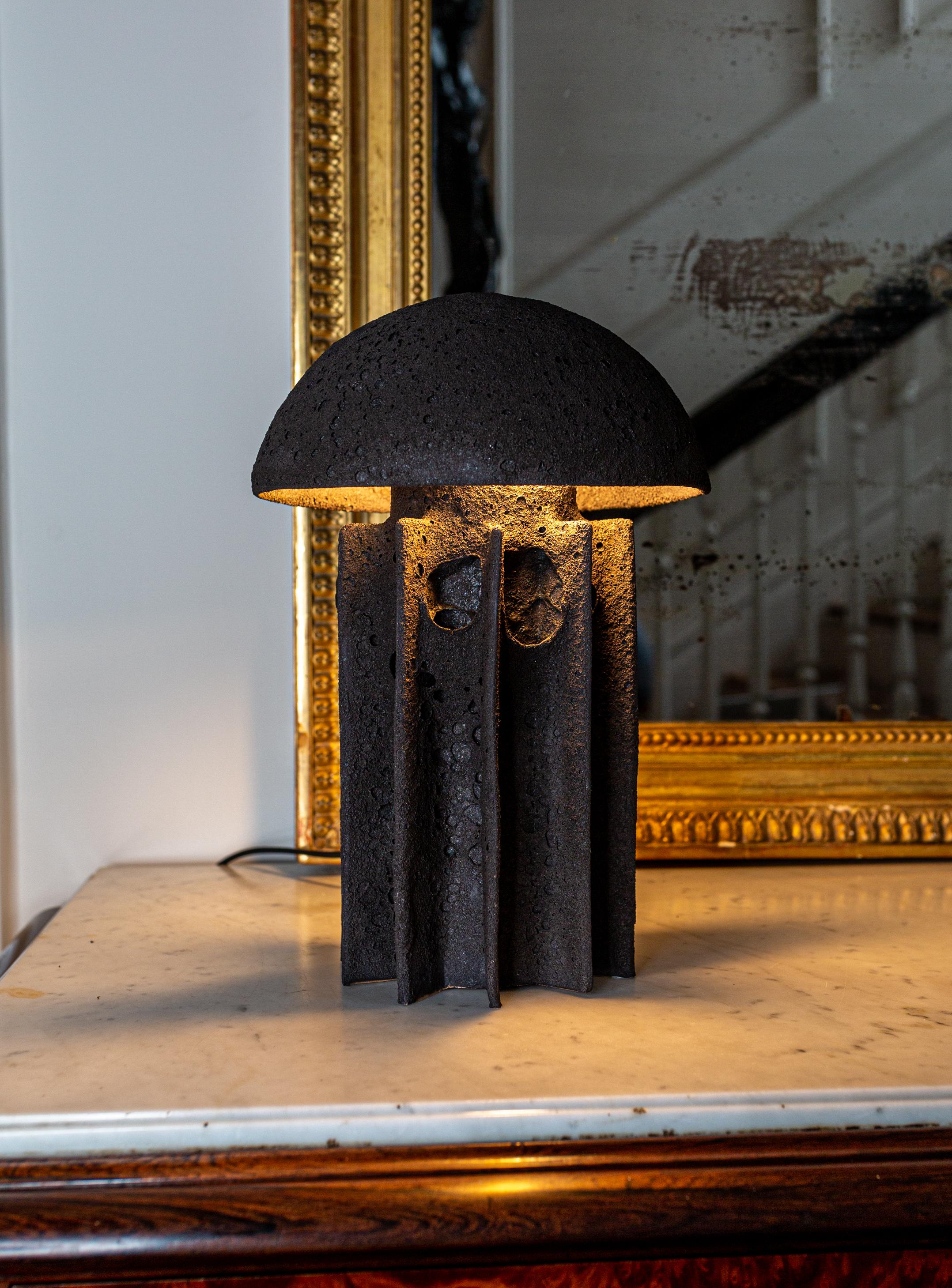 Modern CADEN Ceramic Dome Table Lamp, Highly Textured Black Lava Glaze, by Kalin Asenov For Sale