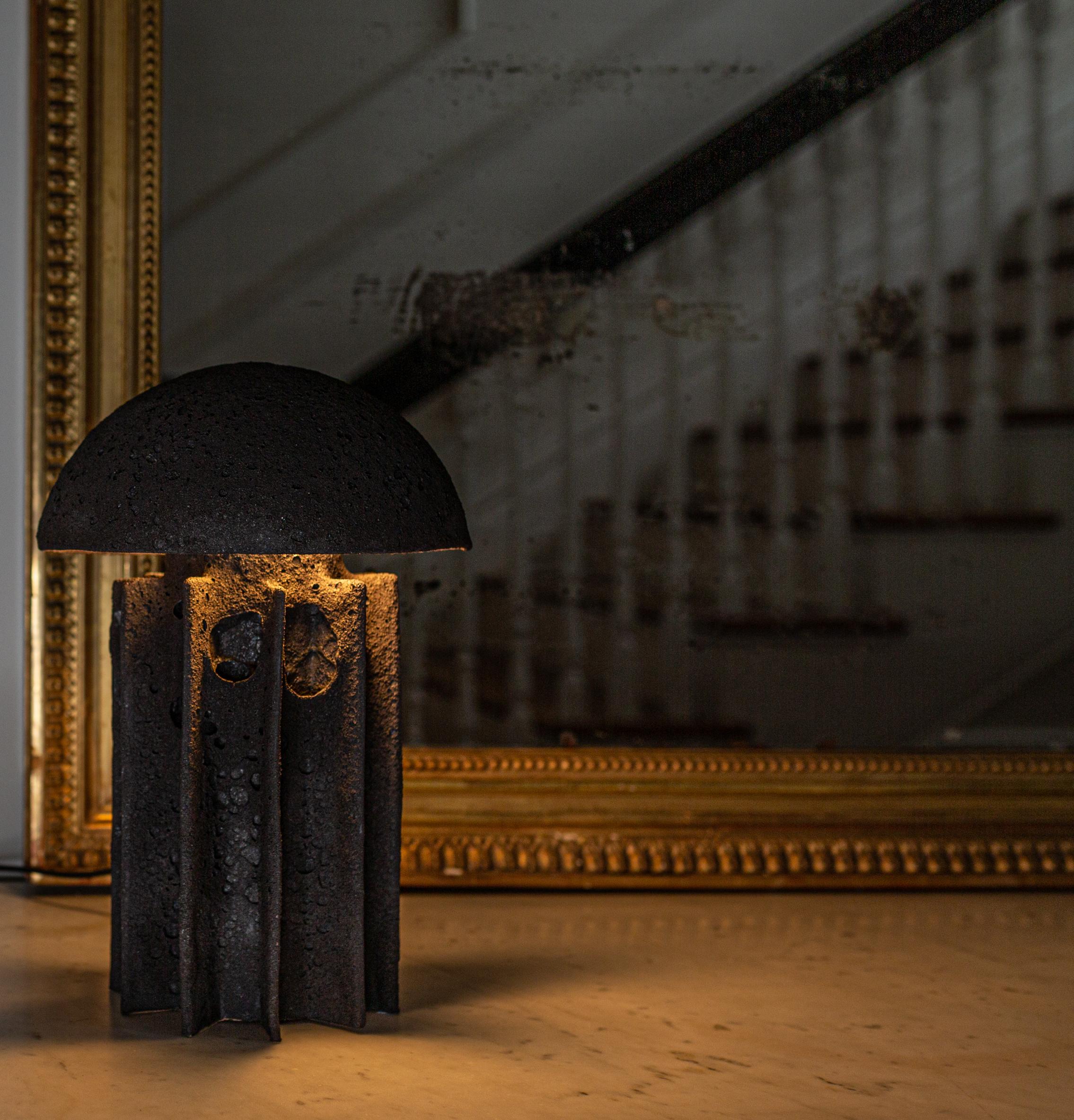 Contemporary CADEN Ceramic Dome Table Lamp, Highly Textured Black Lava Glaze, by Kalin Asenov For Sale