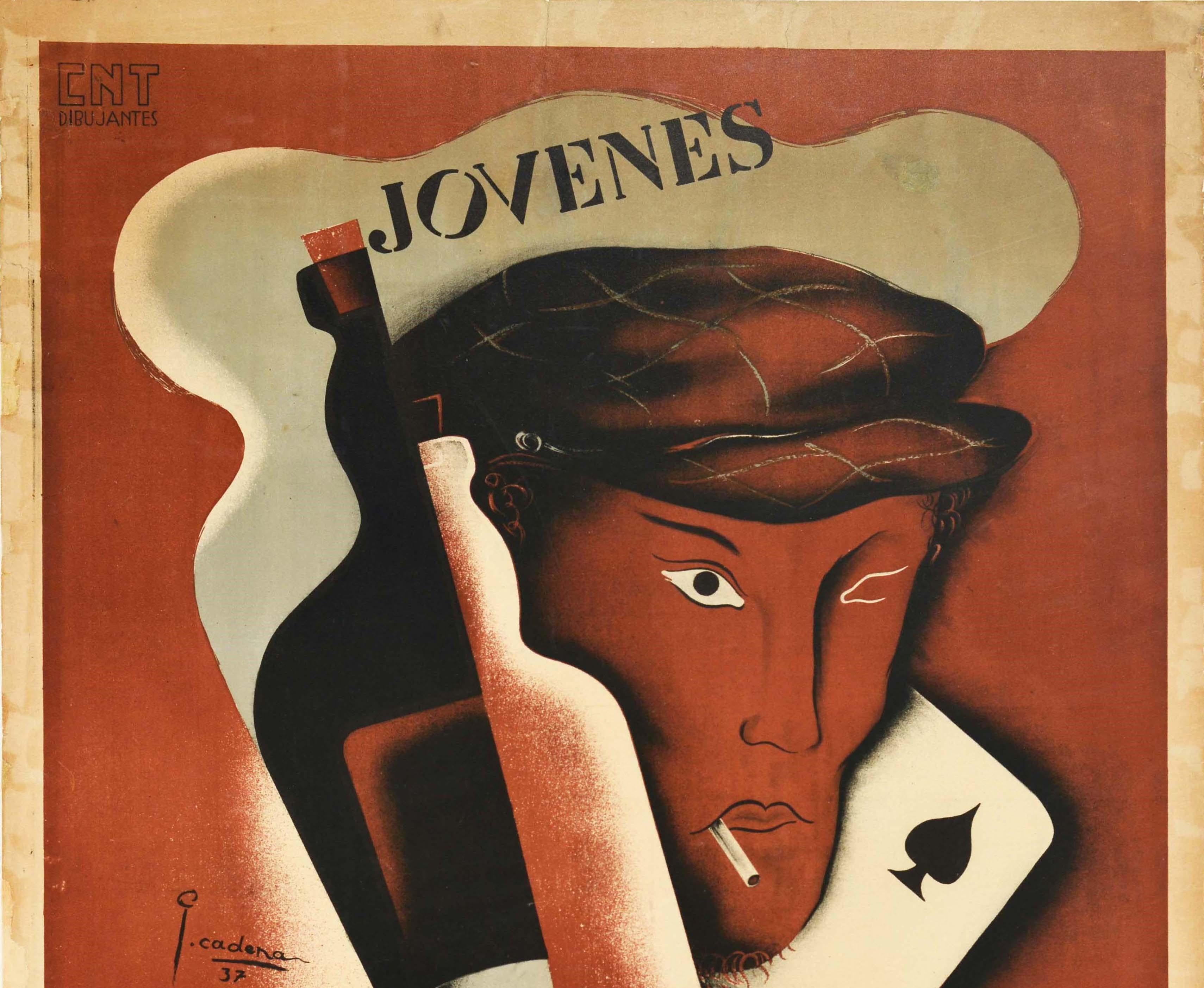 Original Vintage Spanish Civil War Poster Youth Avoid Vice CNT Dibujantes Design - Print by Cadena