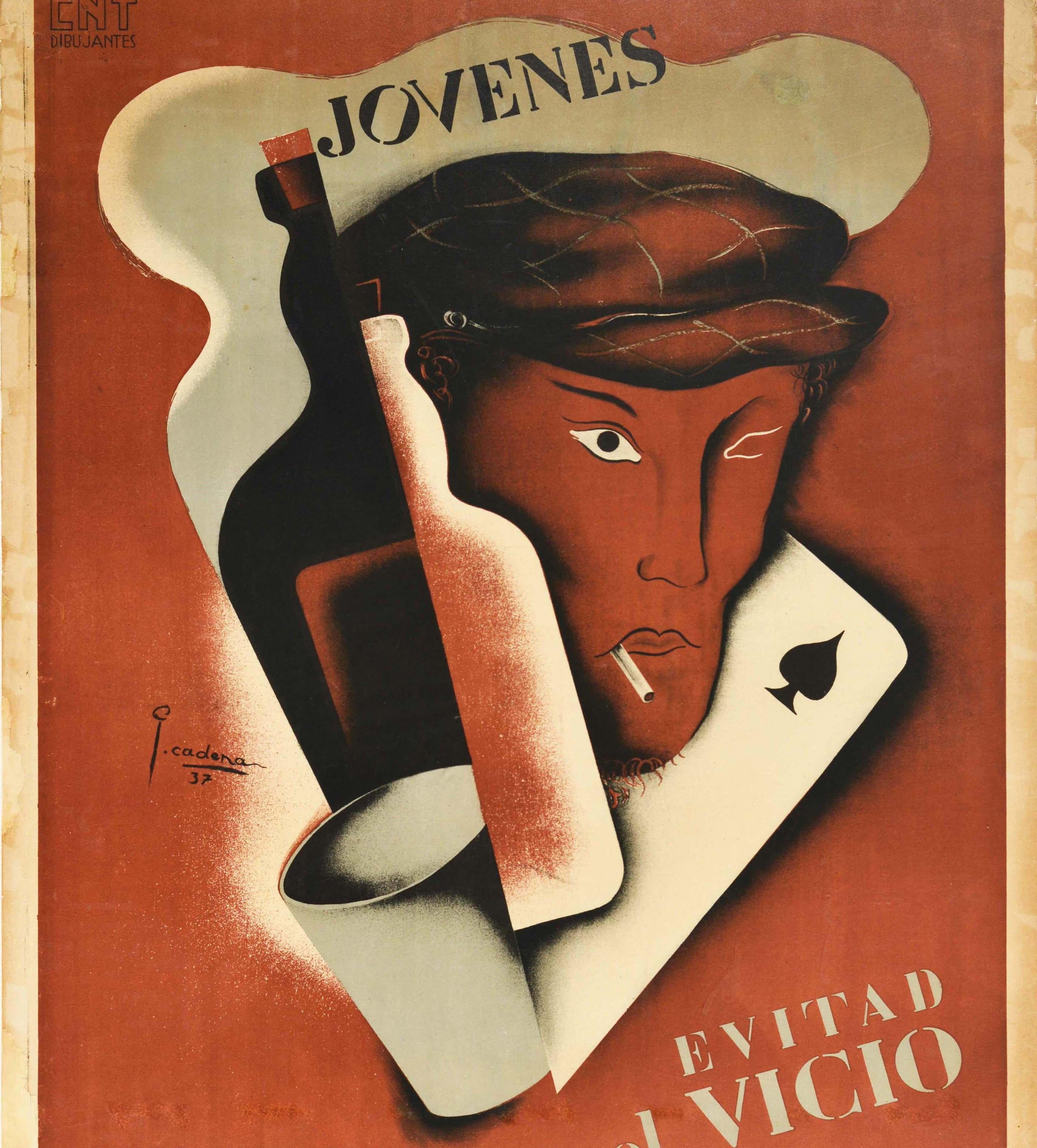 Originales Propagandaplakat aus dem Spanischen Bürgerkrieg - Youth avoid vice Join the Libertarian Youth / Jovenes Evitad el Vicio Ingresad en Juventudes Libertarias - mit einem großartigen modernistischen Design, das einen jungen Mann mit Mütze