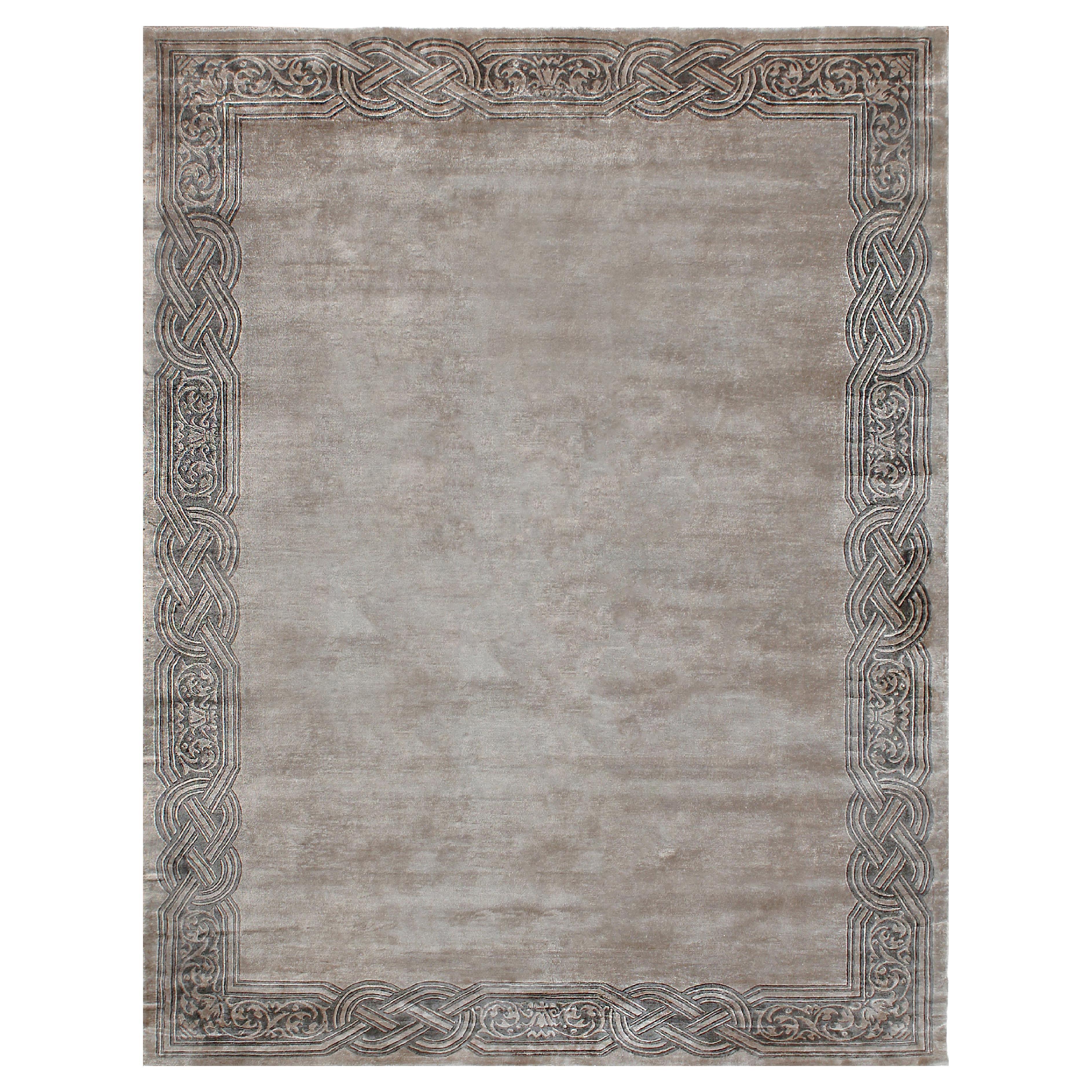 CADENCIA Hand Knotted Transitional Border Silk Rug, Beige Taupe Colour By Hands For Sale